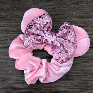 Pink velvet and sequin Mickey ear hair scrunchie